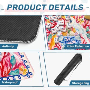 May include: Image showcasing product details. Features include an anti-slip surface, noise reduction, and waterproof design. A storage bag is also included. The product has a colorful design with the text "PRODUCT DETAILS".