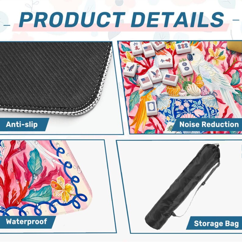 May include: Image showcasing product details. Features include an anti-slip surface, noise reduction, and waterproof design. A storage bag is also included. The product has a colorful design with the text "PRODUCT DETAILS".