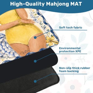 May include: A high-quality Mahjong mat with a soft tech fabric, environmental protection XPE, and a non-slip thick rubber foam backing. The mat features an illustration of a person in yellow clothing. The text "High-Quality Mahjong MAT" is at the top.