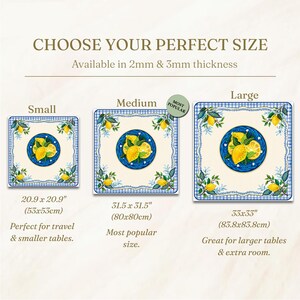 May include: Square placemats in three sizes, featuring a lemon design on a blue plate with a cream background and a blue gingham border. Sizes are 20.9 x 20.9 inches, 31.5 x 31.5 inches, and 33 x 33 inches. Available in 2mm and 3mm thickness.