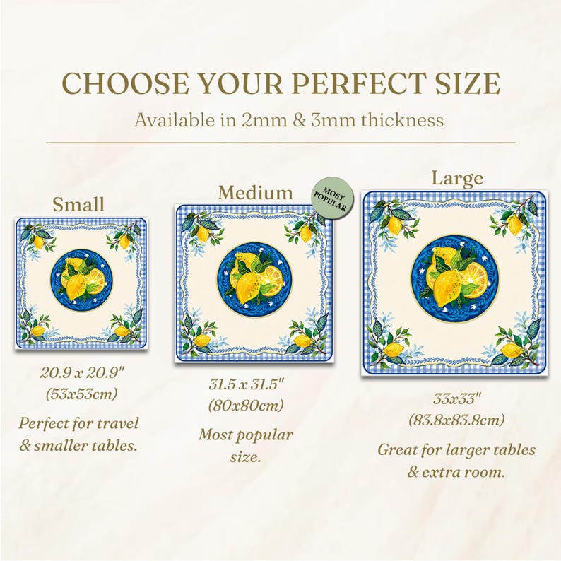 May include: Square placemats in three sizes, featuring a lemon design on a blue plate with a cream background and a blue gingham border. Sizes are 20.9 x 20.9 inches, 31.5 x 31.5 inches, and 33 x 33 inches. Available in 2mm and 3mm thickness.