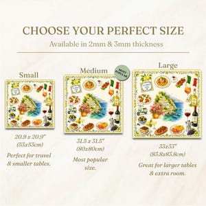 May include: Three square tablecloths with Italian-themed illustrations including lemons, pasta, wine, and coastal scenery. Sizes are 20.9 x 20.9 inches, 31.5 x 31.5 inches, and 33 x 33 inches. Text includes CHOOSE YOUR PERFECT SIZE and LA DOLCE VITA.
