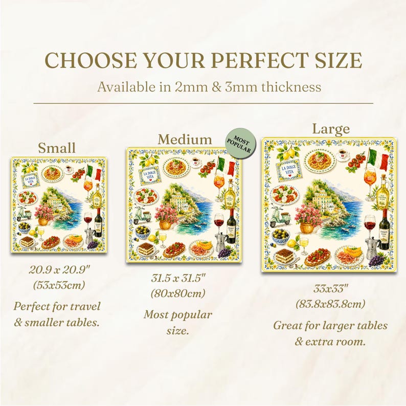 May include: Three square tablecloths with Italian-themed illustrations including lemons, pasta, wine, and coastal scenery. Sizes are 20.9 x 20.9 inches, 31.5 x 31.5 inches, and 33 x 33 inches. Text includes CHOOSE YOUR PERFECT SIZE and LA DOLCE VITA.