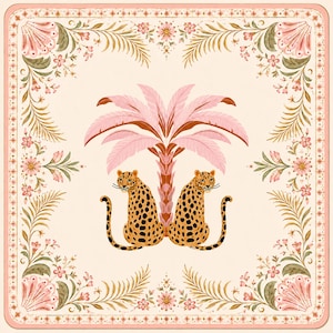May include: A square scarf featuring a central illustration of two leopards sitting back-to-back under a pink palm tree. The design is framed by a decorative border of pink flowers, green leaves, and small stars on a cream-colored background.