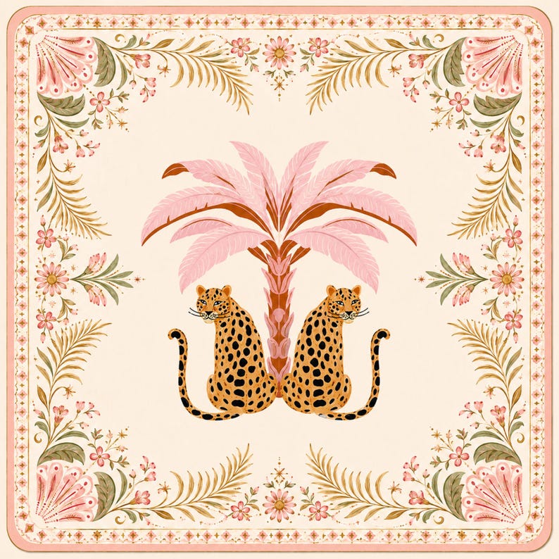 May include: A square scarf featuring a central illustration of two leopards sitting back-to-back under a pink palm tree. The design is framed by a decorative border of pink flowers, green leaves, and small stars on a cream-colored background.