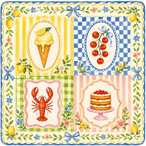 May include: A square, watercolor-style design featuring four framed illustrations of food items. Includes an ice cream cone, tomatoes, a lobster, and a cake. The border has lemons, flowers, and blue bows.