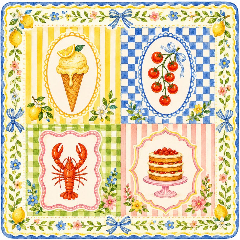 May include: A square, watercolor-style design featuring four framed illustrations of food items. Includes an ice cream cone, tomatoes, a lobster, and a cake. The border has lemons, flowers, and blue bows.