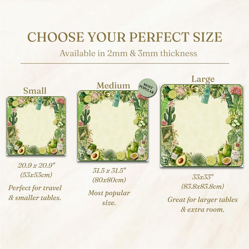 Puede incluir: La imagen muestra tres manteles individuales cuadrados de diferentes tama&ntilde;os: peque&ntilde;o, mediano y grande. Cada uno presenta un dise&ntilde;o bot&aacute;nico con aguacates, limas y cactus. El texto "CHOOSE YOUR PERFECT SIZE" est&aacute; en la parte superior, con medidas en cm.