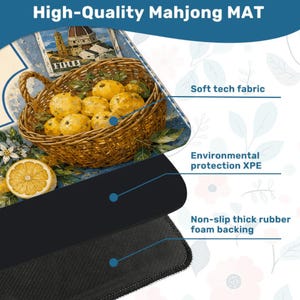 May include: A high-quality Mahjong mat with a detailed illustration of lemons in a basket. The mat features a soft tech fabric, environmental protection XPE, and a non-slip thick rubber foam backing. The top text reads "High-Quality Mahjong MAT".