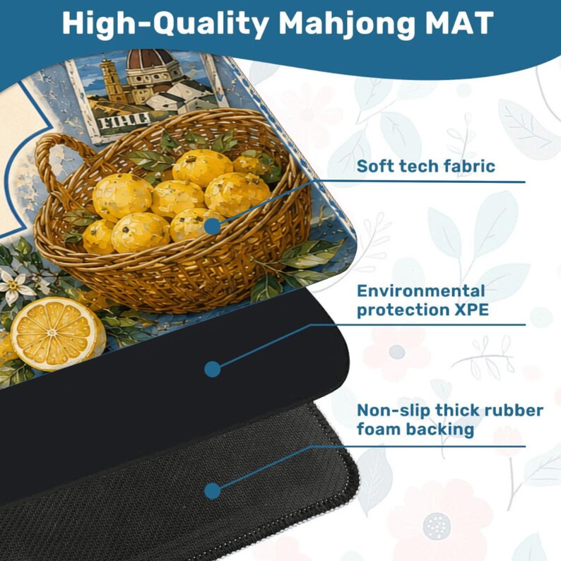 May include: A high-quality Mahjong mat with a detailed illustration of lemons in a basket. The mat features a soft tech fabric, environmental protection XPE, and a non-slip thick rubber foam backing. The top text reads "High-Quality Mahjong MAT".