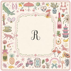 Pu&ograve; includere: Una stampa decorativa quadrata color crema con una lettera R nera centrale circondata da un bordo di illustrazioni colorate tra cui un coccodrillo, bottiglie di champagne, fenicotteri, uno scooter, un ananas e il testo Press for Champagne.