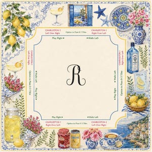 May include: A decorative square featuring a central "R" design, surrounded by illustrations of lemons, cocktails, and coastal scenes. The border has a blue and white floral pattern, with text labels like "Charleston" and "Italia".