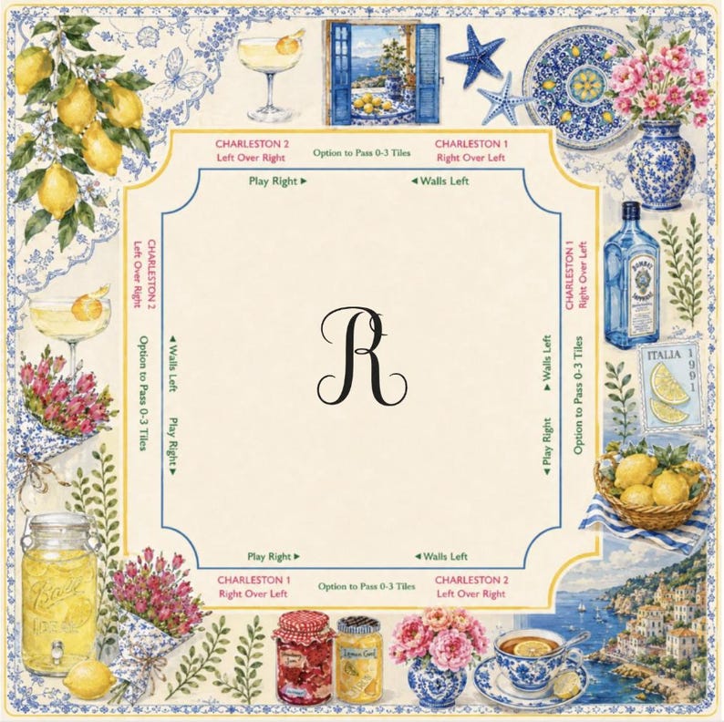 May include: A decorative square featuring a central "R" design, surrounded by illustrations of lemons, cocktails, and coastal scenes. The border has a blue and white floral pattern, with text labels like "Charleston" and "Italia".