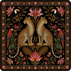 Könnte beinhalten: Eine quadratische Dekotafel mit einer symmetrischen Illustration auf schwarzem Hintergrund. Zwei Leoparden sitzen nach außen gerichtet, umgeben von zwei Tukane, zwei roten Papageien, rosa Lotusblüten und grünem Blattwerk, eingerahmt von einer floralen Bordüre.