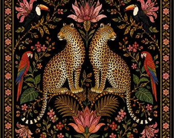 Tapis de mahjong léopard toucan noir, décoration de luxe jungle tropicale