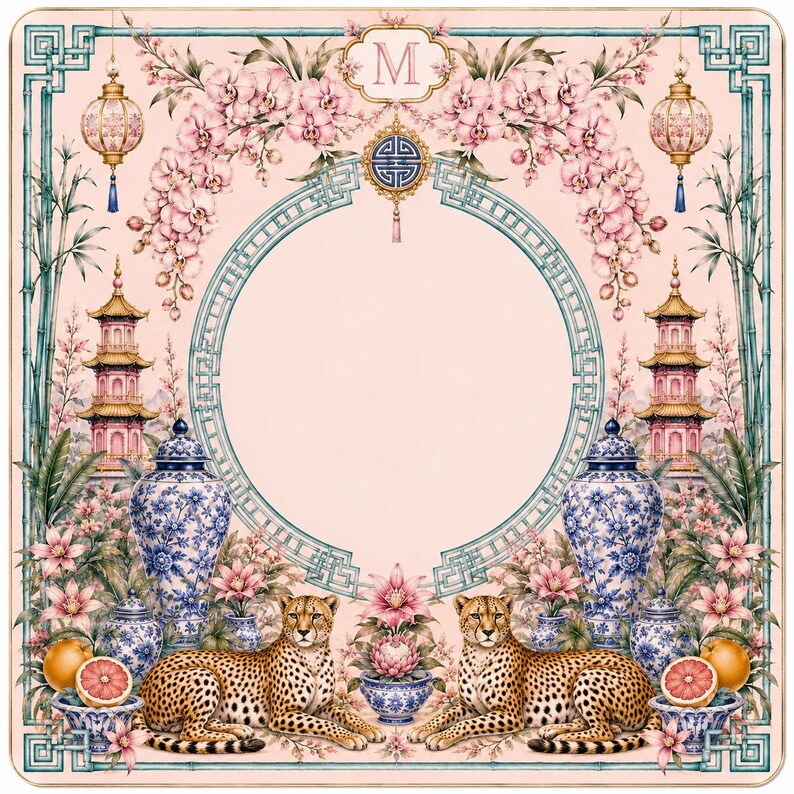 Rosa Chinoiserie Cheetah Mahjongmatta, Ginger Burk Spelbordsdekoration 2