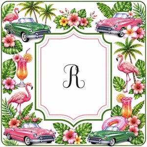 Pu&ograve; includere: Un design quadrato a tema tropicale con fenicotteri rosa, fiori di ibisco, palme e auto d'epoca cabriolet rosa e verdi. Sono inclusi anche un cocktail e un anello gonfiabile rosa. La lettera "R" &egrave; al centro.