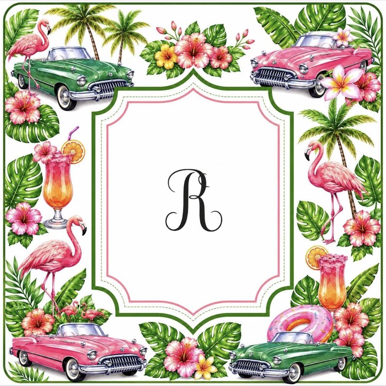 Pu&ograve; includere: Un design quadrato a tema tropicale con fenicotteri rosa, fiori di ibisco, palme e auto d'epoca cabriolet rosa e verdi. Sono inclusi anche un cocktail e un anello gonfiabile rosa. La lettera "R" &egrave; al centro.