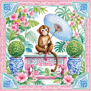 May include: A watercolor illustration of a brown monkey sitting on a pink table, holding a light blue parasol. The scene is surrounded by green tropical foliage, pink hibiscus flowers, and two blue and white patterned ceramic planters.