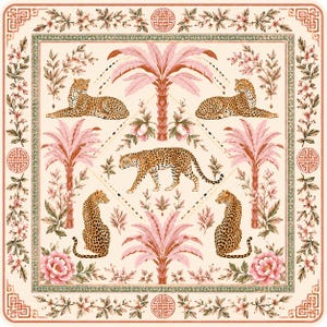 May include: A square textile featuring a repeating pattern of five leopards in various poses, interspersed with pink palm trees and floral motifs. The design is framed by a decorative border with geometric patterns and pink flower accents.