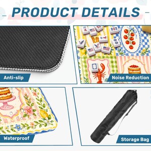 May include: Image showing product details of a mat. The mat has an anti-slip backing, noise reduction, and is waterproof. The mat features a colorful design with a cake, lobster, and mahjong tiles. A black storage bag is also included.