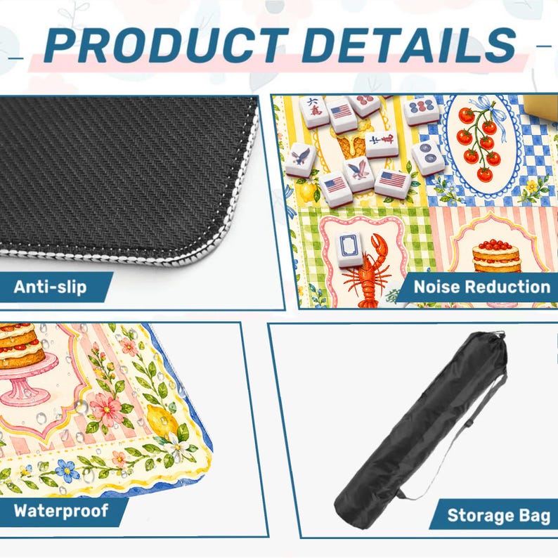 May include: Image showing product details of a mat. The mat has an anti-slip backing, noise reduction, and is waterproof. The mat features a colorful design with a cake, lobster, and mahjong tiles. A black storage bag is also included.