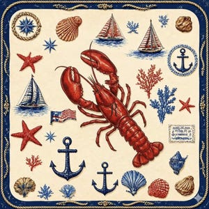 May include: A nautical-themed illustration featuring a red lobster, sailboats, anchors, seashells, starfish, and an American flag. The design includes a compass rose and decorative elements in red, white, and blue against a cream background, framed by a navy blue border.