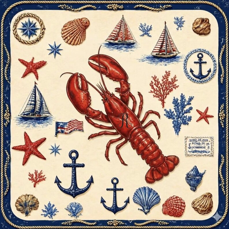 May include: A nautical-themed illustration featuring a red lobster, sailboats, anchors, seashells, starfish, and an American flag. The design includes a compass rose and decorative elements in red, white, and blue against a cream background, framed by a navy blue border.