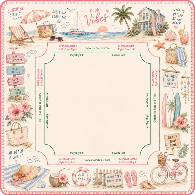 May include: A square mahjong mat featuring a beach-themed border with illustrations of a sailboat, palm trees, surfboards, a bicycle, and signs reading Beach This Way and Beach Bum Club. The centre contains game instructions and directional text.