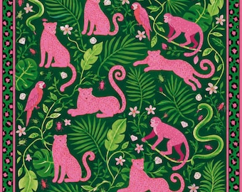 Tapis de mahjong léopard de la jungle rose, décor exotique de perroquet de singe tropical
