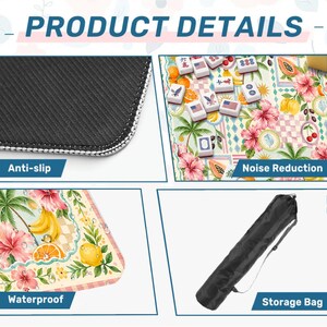 Pu&ograve; includere: Immagine dettagliata di un tappetino da mahjong con un design floreale tropicale, con il testo "PRODUCT DETAILS". Il tappetino &egrave; antiscivolo, impermeabile e riduce il rumore, con una borsa portaoggetti. Il design include frutta, fiori e palme.
