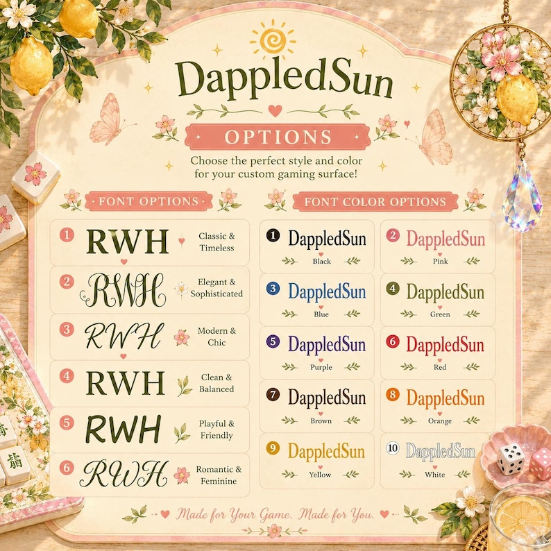 May include: A DappledSun custom gaming surface options chart featuring six font styles labeled RWH and ten font color options including black, pink, blue, green, purple, red, brown, orange, yellow, and white, decorated with lemon and floral motifs.