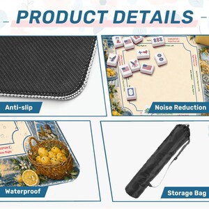 May include: Product details image showing an anti-slip surface, a mahjong game with tiles, a waterproof surface, and a storage bag. The mahjong tiles have American flag designs. The image also includes the text "Product Details".