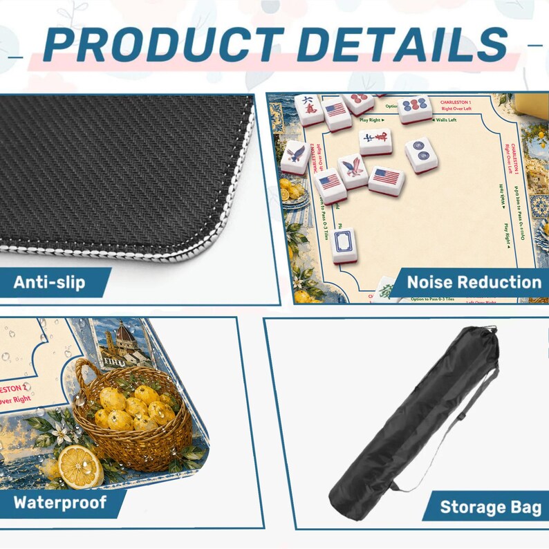 May include: Product details image showing an anti-slip surface, a mahjong game with tiles, a waterproof surface, and a storage bag. The mahjong tiles have American flag designs. The image also includes the text "Product Details".