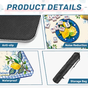 May include: Product details image showing an anti-slip, waterproof mat with a lemon and floral design, and a storage bag. The mat has noise reduction features and is designed for a game.