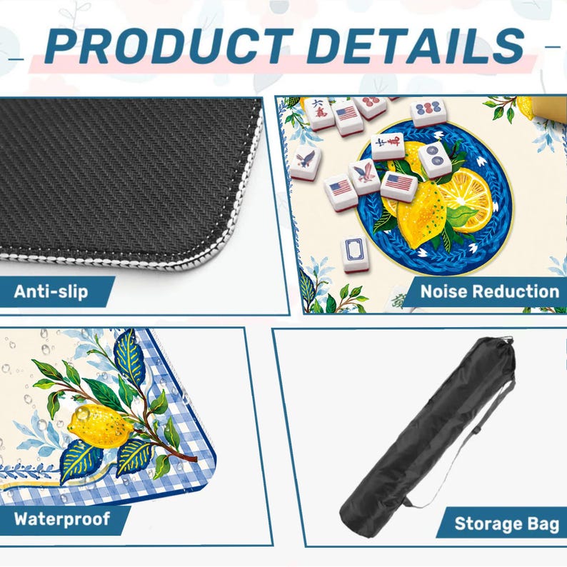May include: Product details image showing an anti-slip, waterproof mat with a lemon and floral design, and a storage bag. The mat has noise reduction features and is designed for a game.