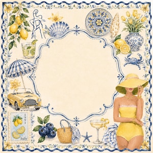 May include: Watercolor illustration with a vintage Italian theme. Features lemons, a yellow convertible, a woman in a yellow swimsuit and hat, and a blue and white decorative border. Includes a stamp with the word "Italy".