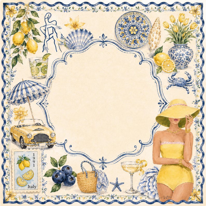 May include: Watercolor illustration with a vintage Italian theme. Features lemons, a yellow convertible, a woman in a yellow swimsuit and hat, and a blue and white decorative border. Includes a stamp with the word "Italy".
