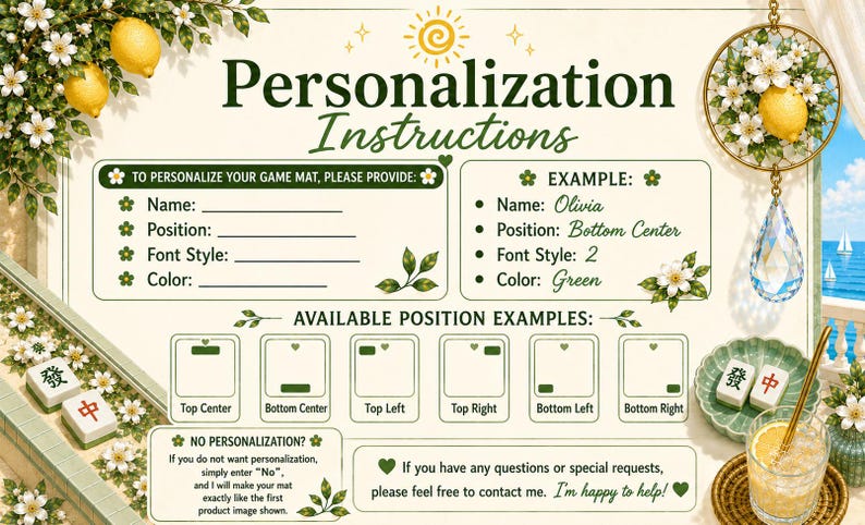K&ouml;nnte beinhalten: Eine Personalisierungs-Anleitungskarte f&uuml;r eine Spielmatte mit cremefarbenem Hintergrund und Illustrationen von Zitronen und wei&szlig;en Bl&uuml;ten. Sie enth&auml;lt Textfelder f&uuml;r Name, Position, Schriftart und Farbe sowie Positionsdiagramme.