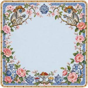 Op de afbeelding: Vierkante decoratieve print met een lichtblauwe achtergrond, met een rand van bamboe en blauw-witte geometrische patronen. De print bevat illustraties van apen, roze bloemen, kopjes en sierlijke blauw-witte vazen.