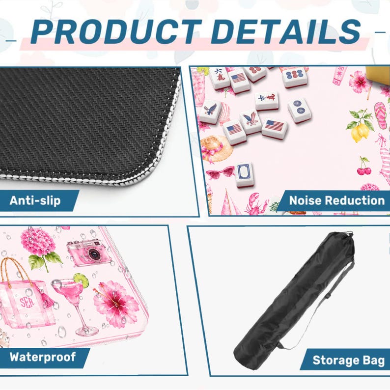 Puede incluir: Un gr&aacute;fico de detalles de producto que muestra un tapete de mahjong con un patr&oacute;n floral rosa y veraniego. Destaca una base de goma negra antideslizante, propiedades de reducci&oacute;n de ruido, una superficie impermeable y una bolsa de transporte negra.