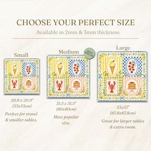 May include: Image shows three square placemats with a colorful design. Each mat features a lemon and floral border, with a checkerboard pattern and illustrations of ice cream, cherries, a lobster, and cake. Sizes are 20.9x20.9 inches, 31.5x31.5 inches, and 33x33 inches.