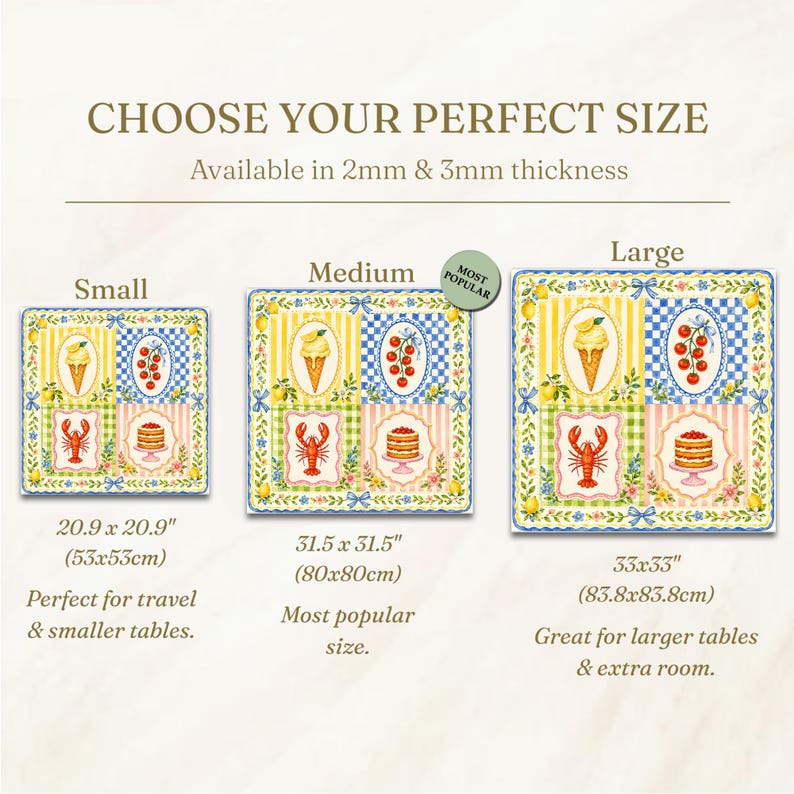 May include: Image shows three square placemats with a colorful design. Each mat features a lemon and floral border, with a checkerboard pattern and illustrations of ice cream, cherries, a lobster, and cake. Sizes are 20.9x20.9 inches, 31.5x31.5 inches, and 33x33 inches.