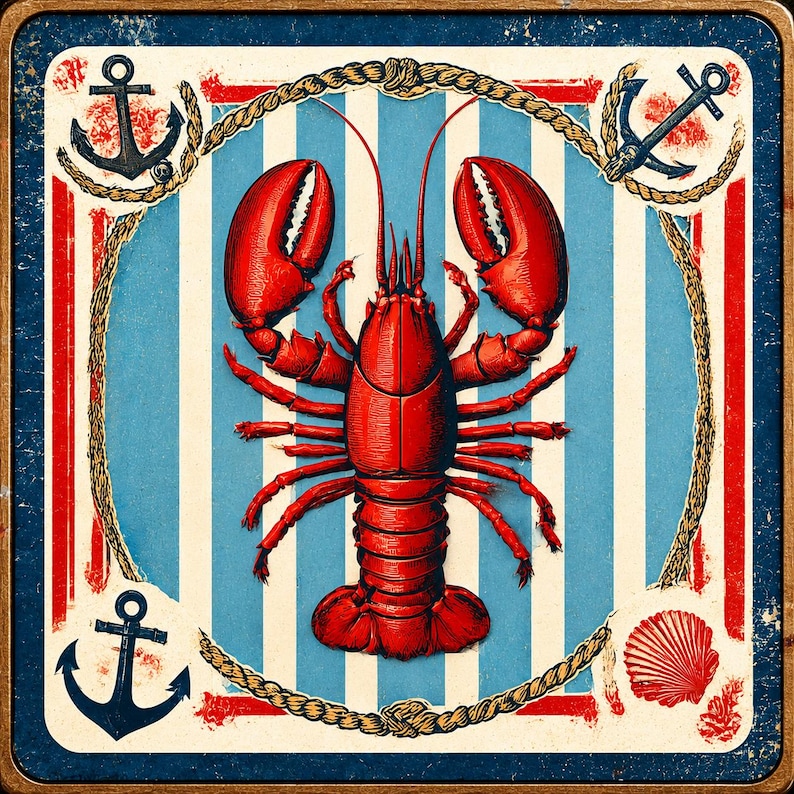 May include: A nautical-themed square image featuring a vibrant red lobster at the center, set against a backdrop of blue and white stripes. The design includes anchors, rope borders, and a seashell, evoking a vintage, seaside aesthetic.