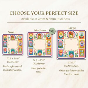 May include: A size guide for square mats featuring a floral pattern with small, medium, and large options. Dimensions include 20.9 x 20.9 inches, 31.5 x 31.5 inches, and 33 x 33 inches. The design displays colorful jars with flowers and a central blank space.