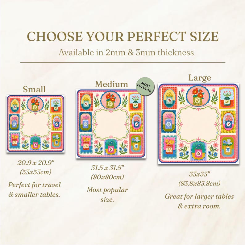 May include: A size guide for square mats featuring a floral pattern with small, medium, and large options. Dimensions include 20.9 x 20.9 inches, 31.5 x 31.5 inches, and 33 x 33 inches. The design displays colorful jars with flowers and a central blank space.