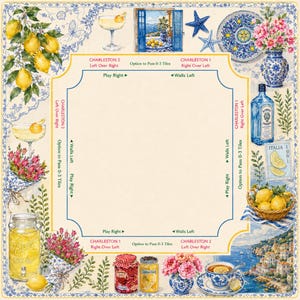 May include: A decorative square image with a lemon theme, featuring lemons, cocktails, and Italian coastal scenes. Includes text such as "Charleston" and "Italia". The border has a blue and white floral design.