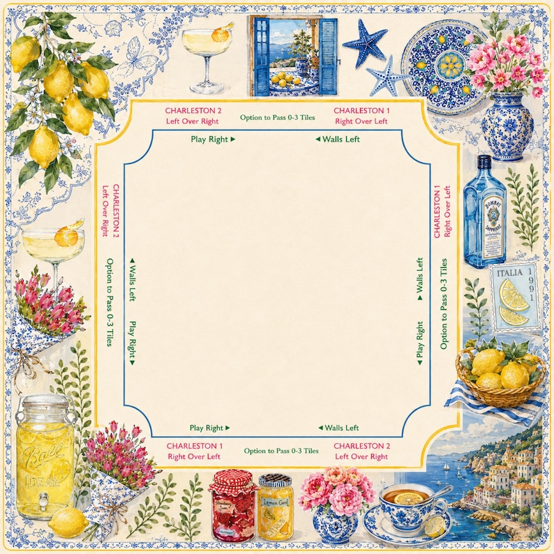 May include: A decorative square image with a lemon theme, featuring lemons, cocktails, and Italian coastal scenes. Includes text such as "Charleston" and "Italia". The border has a blue and white floral design.