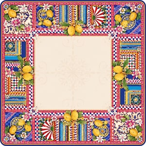 Pode incluir: Len&ccedil;o quadrado com um design vibrante com lim&otilde;es, flores e padr&otilde;es geom&eacute;tricos. A borda &eacute; uma mistura de azul, rosa e branco, com uma &aacute;rea central creme. O len&ccedil;o tem um tema floral e frutado.