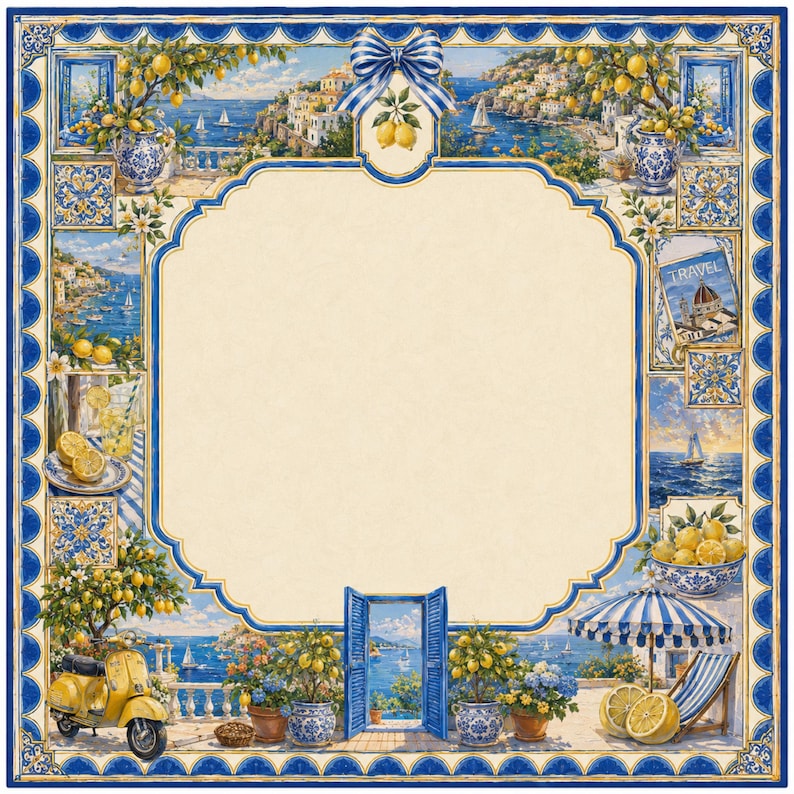 May include: Decorative square image with a blue and white border, featuring a lemon-themed design. The artwork includes a coastal scene with lemons, a yellow scooter, and the word "TRAVEL" on a postcard. The central area is a cream color.